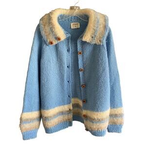 Vintage Women's JAGMAN Wool Cardigan Sweater Handknit Blue Retro Fuzzy M L XL